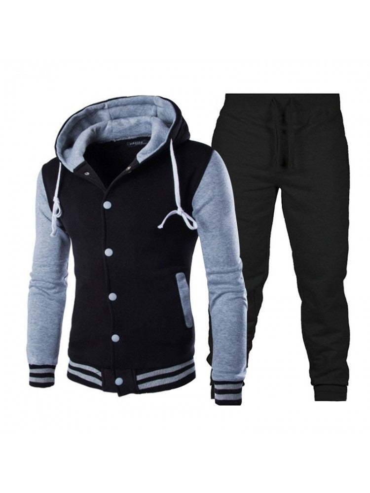 Men's Button Up Hooded Collar Light Gray Pant Set