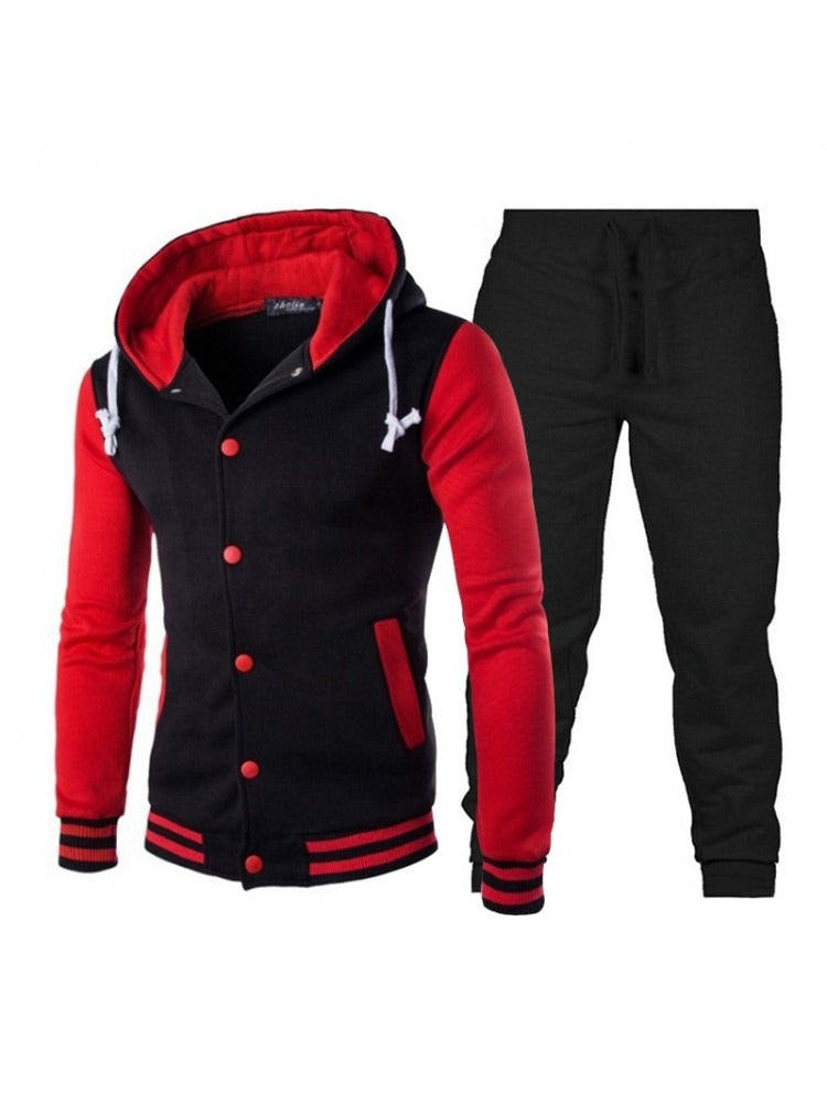 Men's Button Up Hooded Collar Red Pant Set