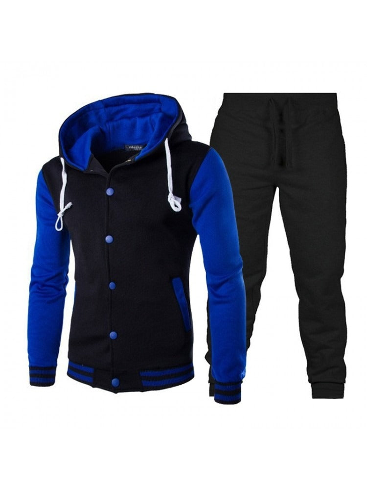 Men's Button Up Hooded Collar Royal Blue Pant Set
