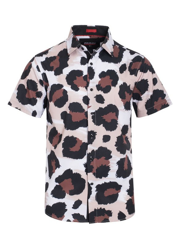 Men's Short Sleeve Casual Button Down Brown Animal Print Shirt
