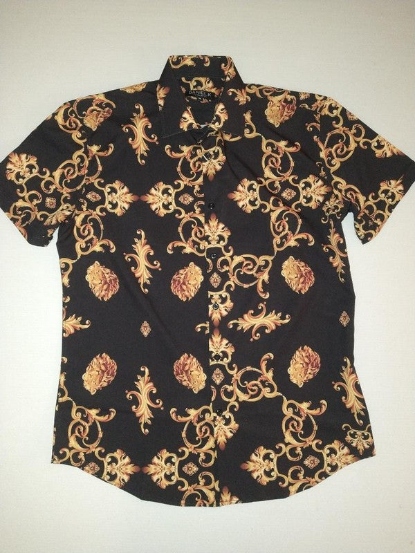 Men's Short Sleeve Lion Head Black/Gold Button Down