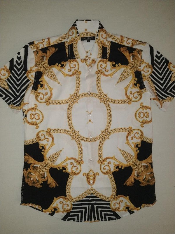 Men's Short sleeve Gold Chain Pattern White/Black Button Down