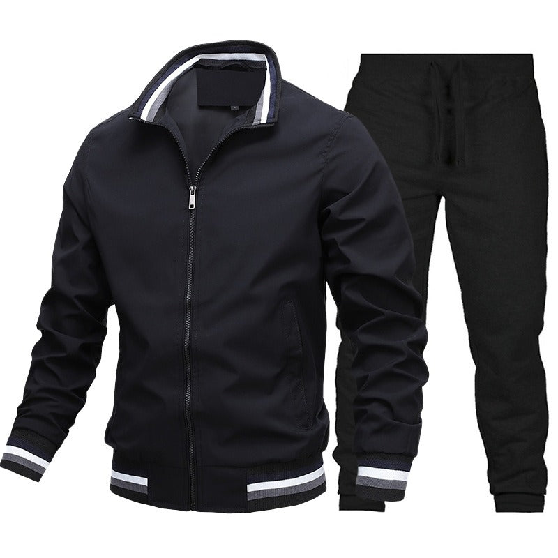Men's Standard Collar Zippered Black Tracksuit