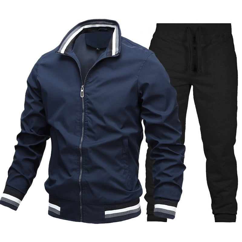 Men's Standard Collar Zippered Blue Tracksuit
