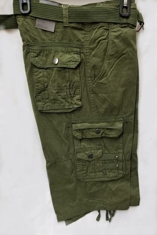 Men's Stylish 8 Pocket Olive Cargo Shorts (w/Belt)
