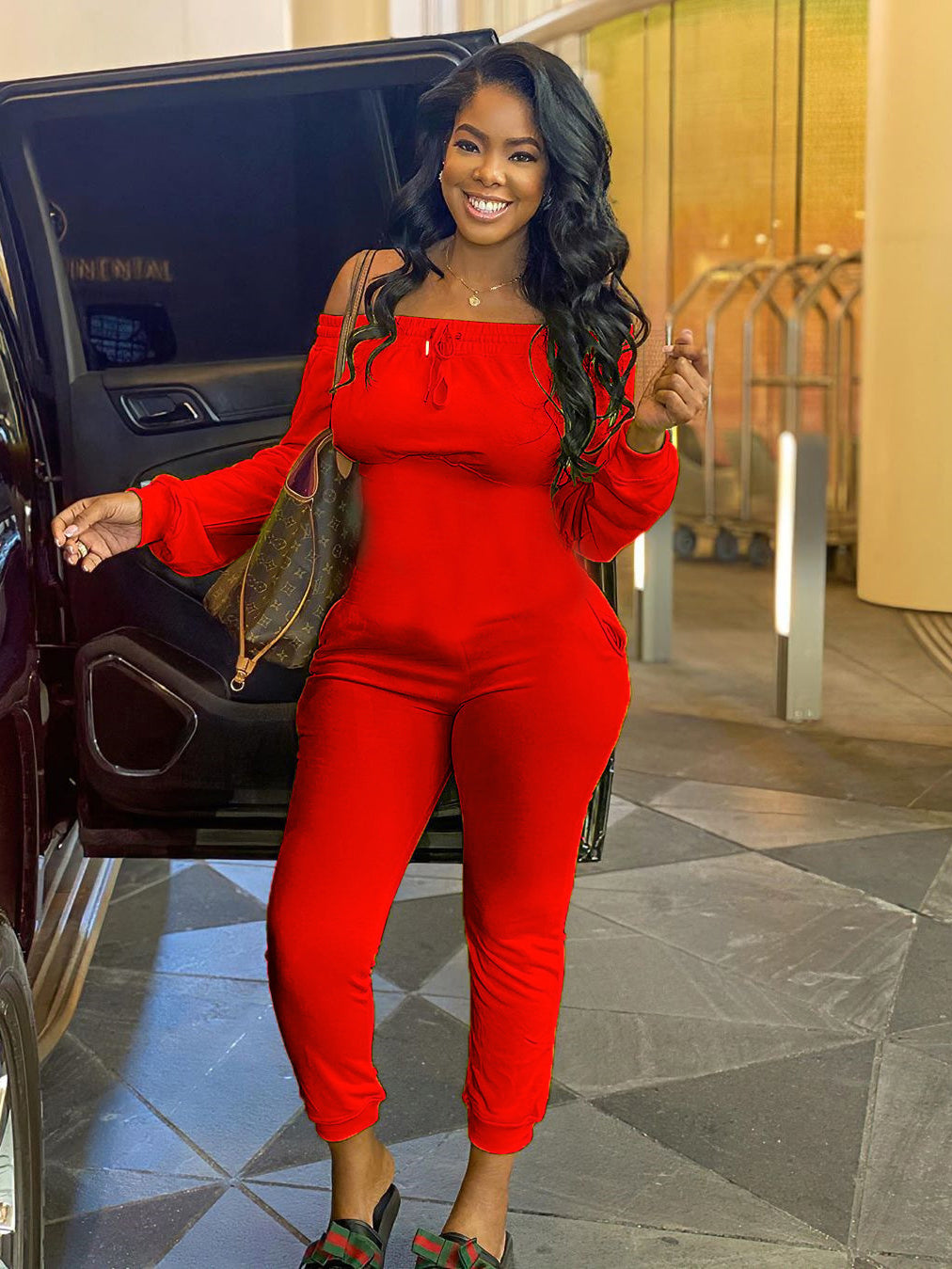 Women's Off The Shoulder Long Sleeve Red Jumper