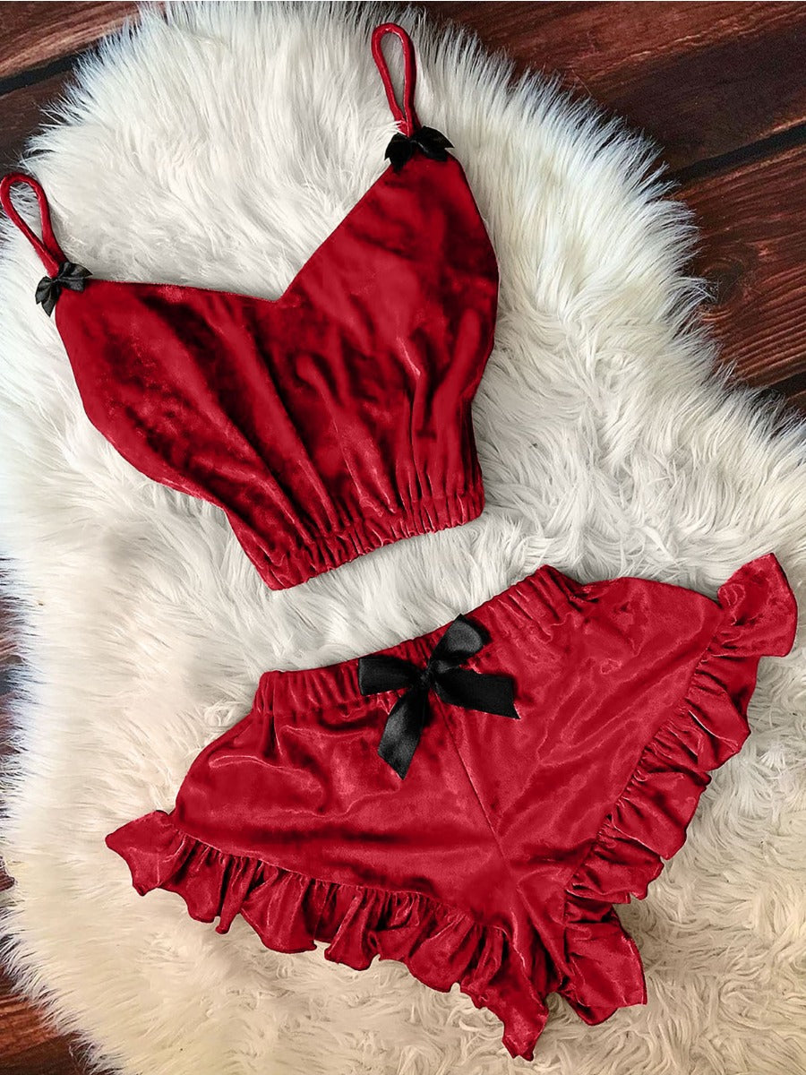 Women's Ruffle Bow-Tie Flounce Design Red Sleepwear