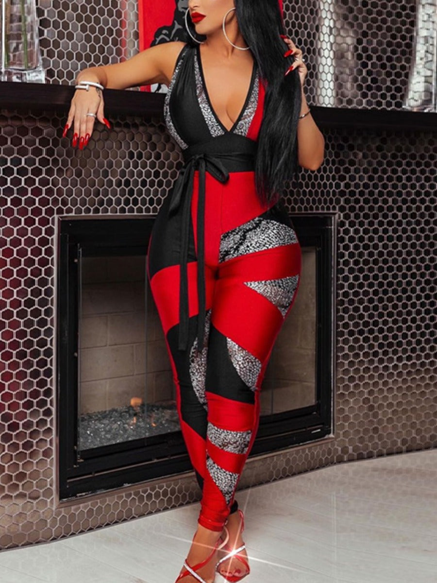 Bosses And Dimes V Neck Bandage Design Patchwork Jumpsuit - Bosses and Dimes