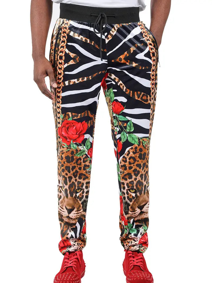 Men's Zippered Leopard Zebra Floral Chain Pant Set