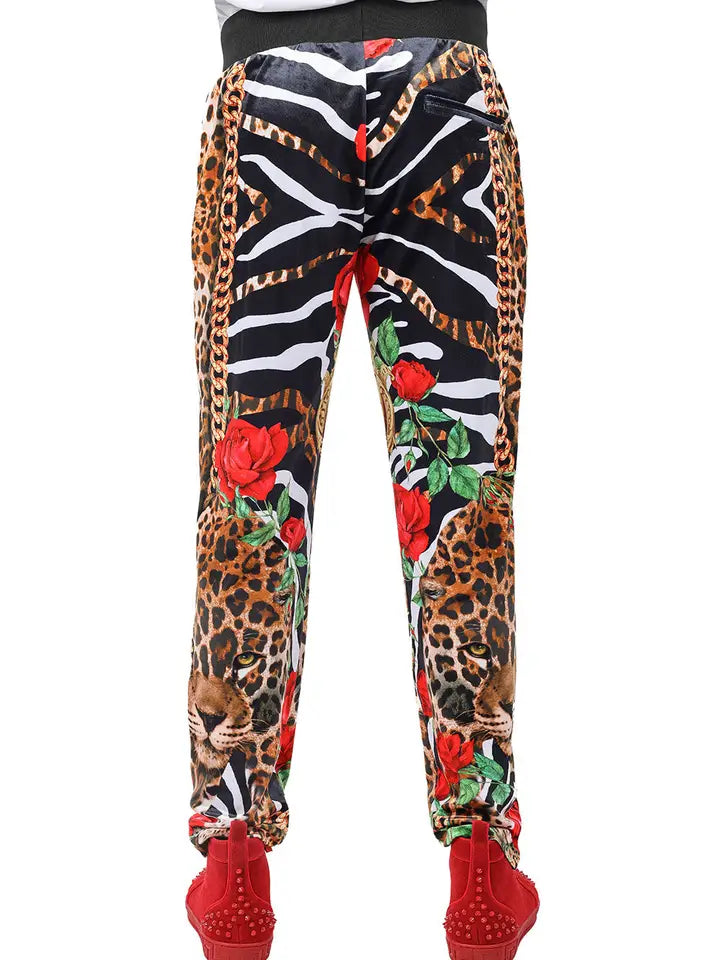 Men's Zippered Leopard Zebra Floral Chain Pant Set