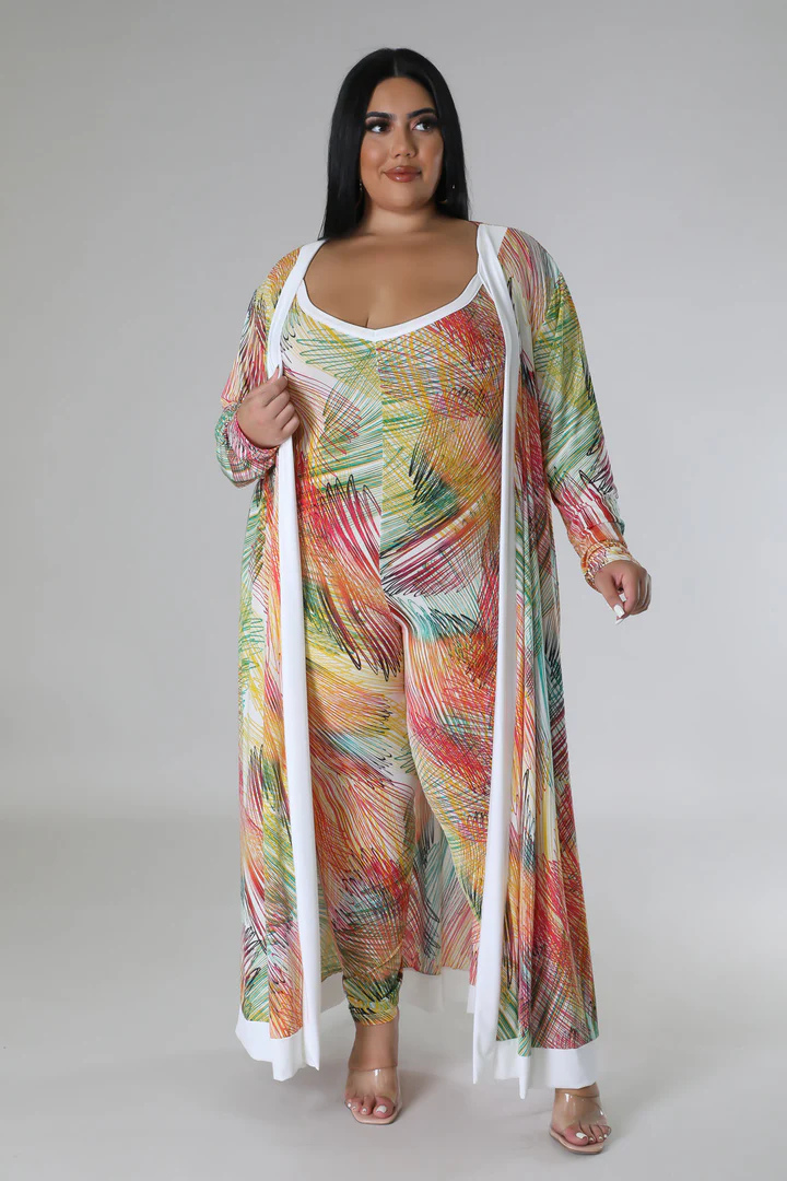 Plus + Curve Tropical Design X Back Jumpsuit Cardigan Multi-Color Set