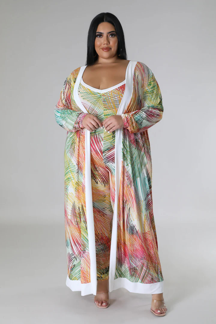 Plus + Curve Tropical Design X Back Jumpsuit Cardigan Multi-Color Set