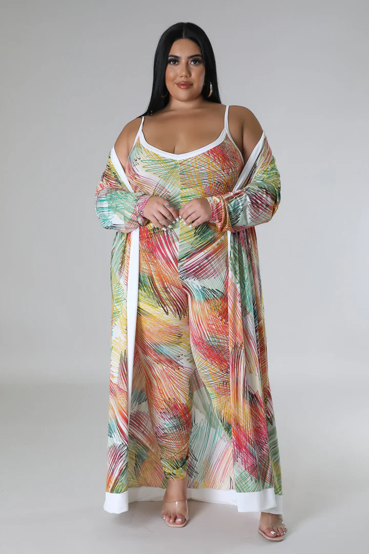 Plus + Curve Tropical Design X Back Jumpsuit Cardigan Multi-Color Set
