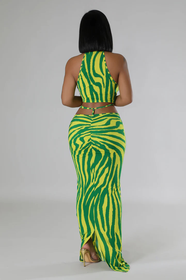 Women's Mock Neck Crop Top Green Maxi Skirt Set