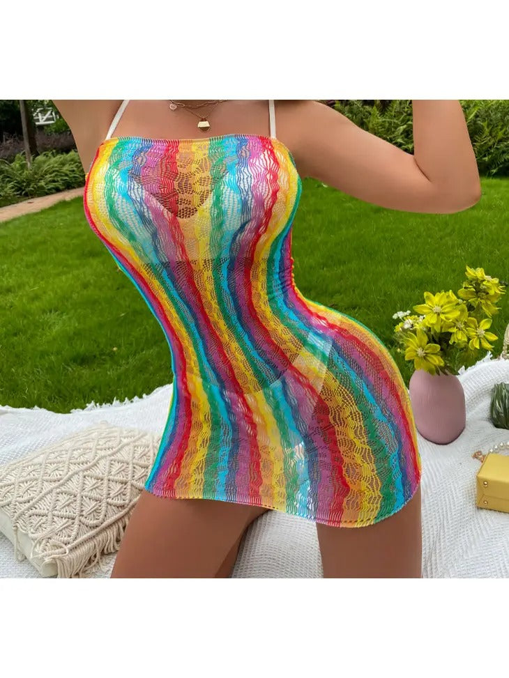 Women's Rainbow Fishnet Bodycon Mini Dress (Bikini NOT Included)