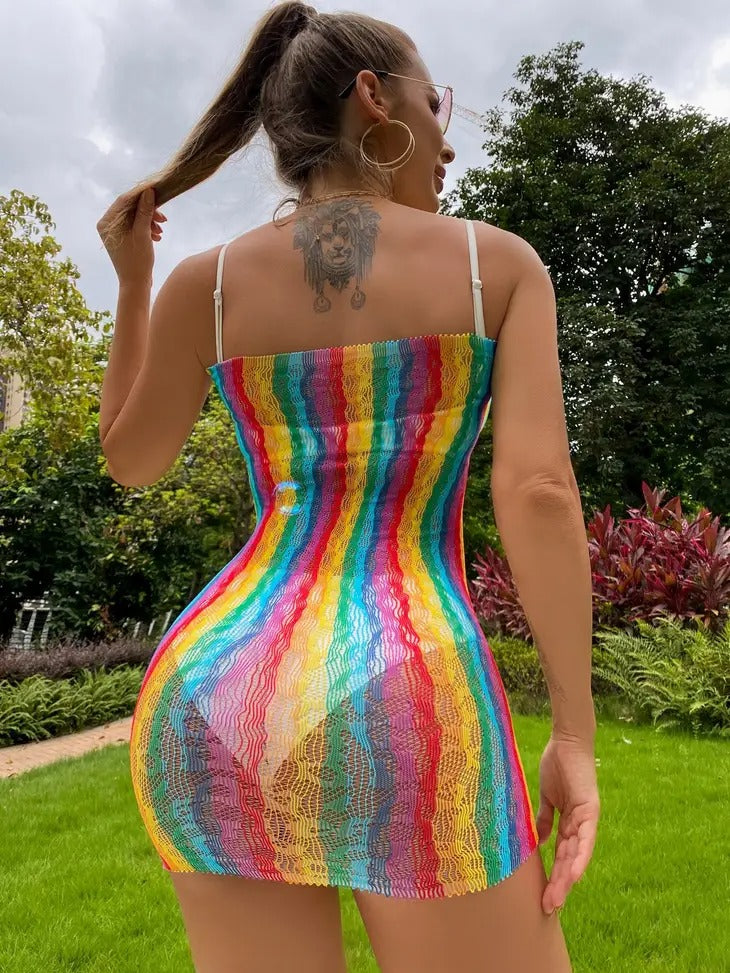 Women's Rainbow Fishnet Bodycon Mini Dress (Bikini NOT Included)