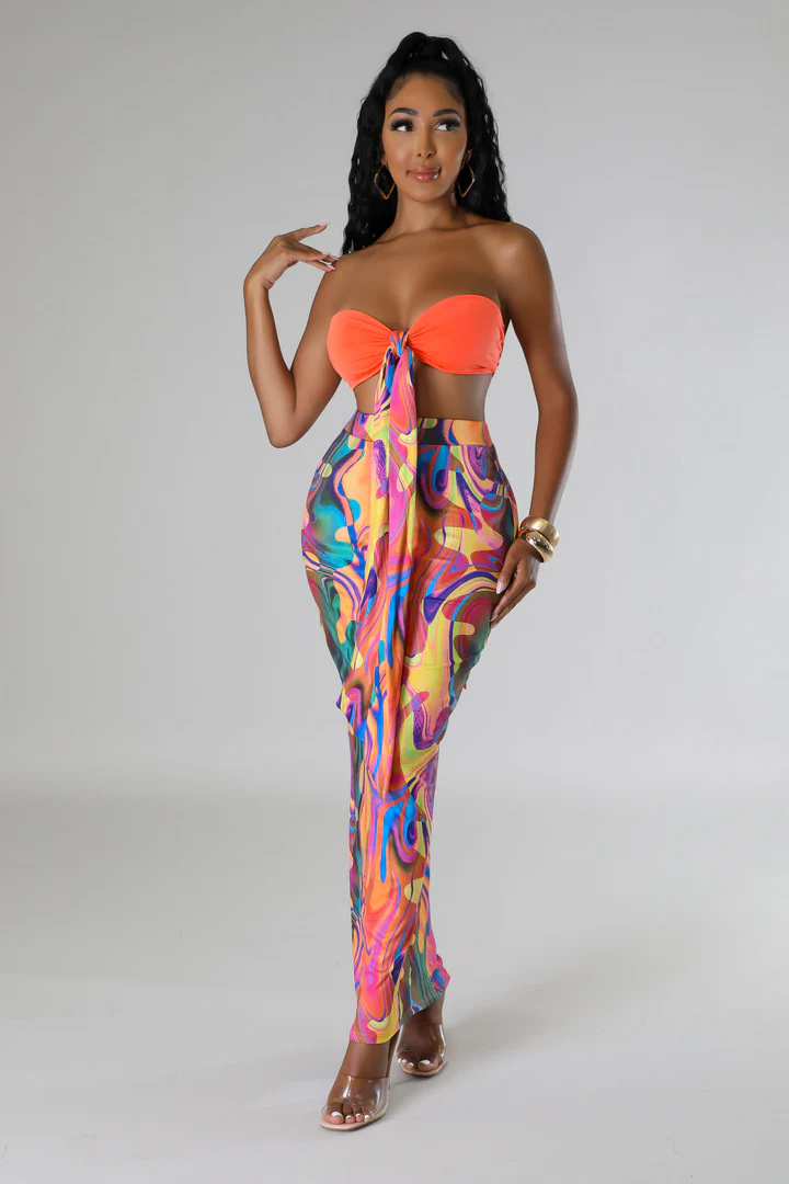 Women's Sensational Bikini Halter Top High Waisted Multi-Color Maxi Skirt Set
