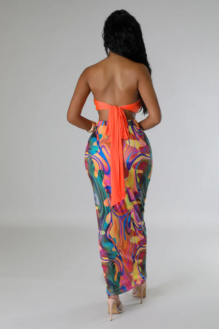 Women's Sensational Bikini Halter Top High Waisted Multi-Color Maxi Skirt Set