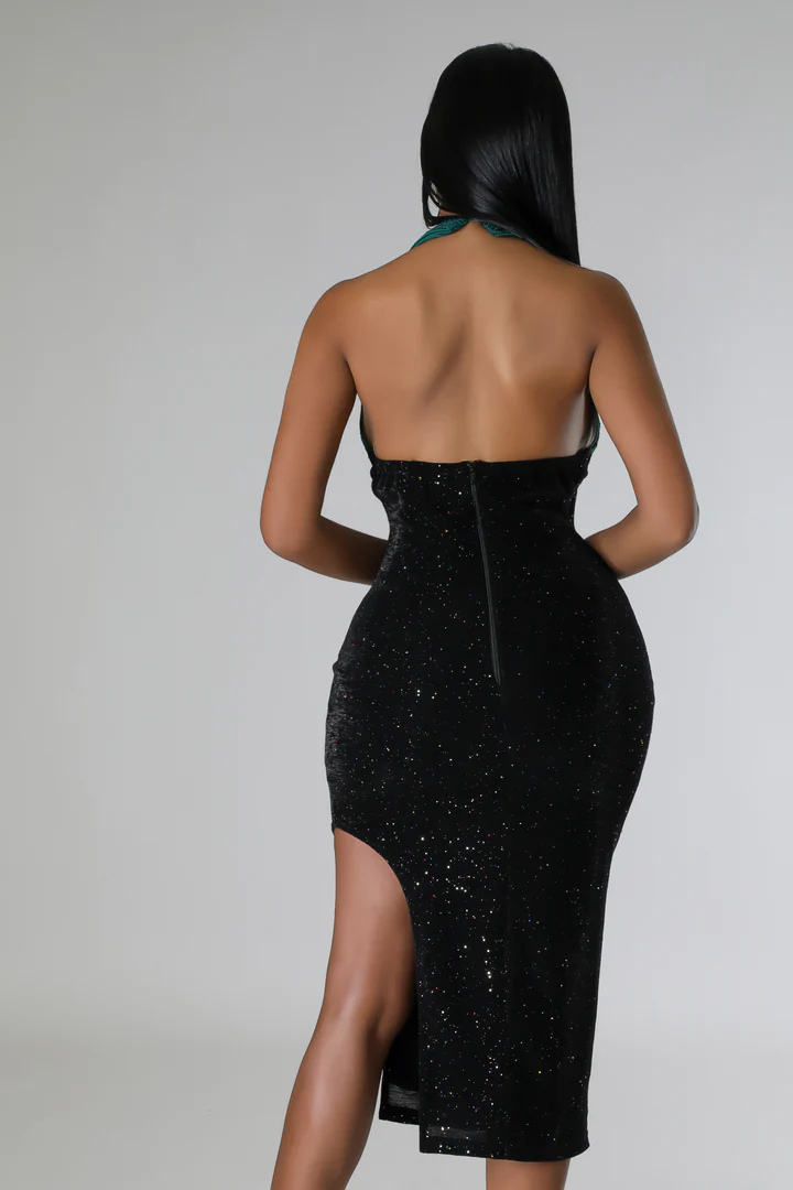 Women's Sequin Chain Detail Black/Green Midi Dress