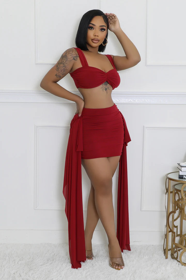 Women's Stunning Crop Top Sheer Draped Heart Breaker Wildberry Mini Skirt Set