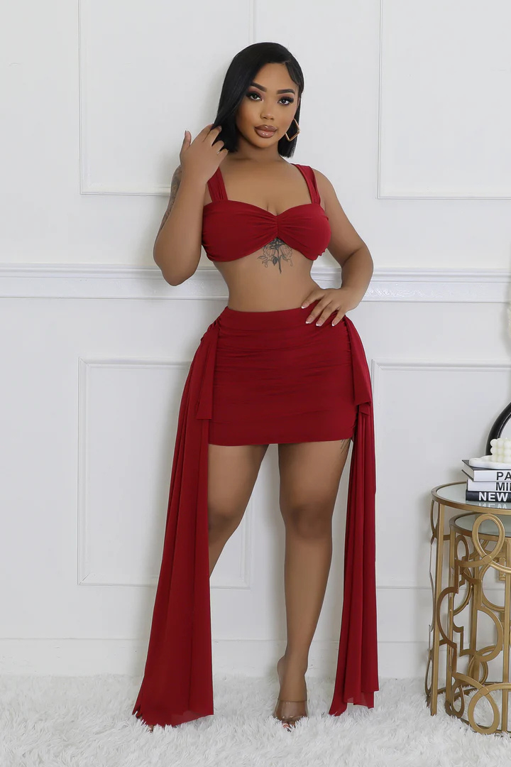 Women's Stunning Crop Top Sheer Draped Heart Breaker Wildberry Mini Skirt Set