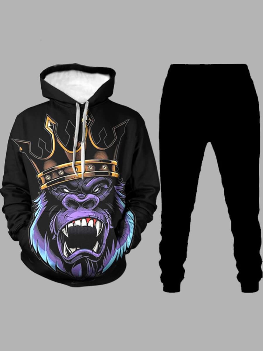 Bosses And Dimes Black Hooded Gorilla King Printed Two-Piece Sweatsuit - Bosses and Dimes