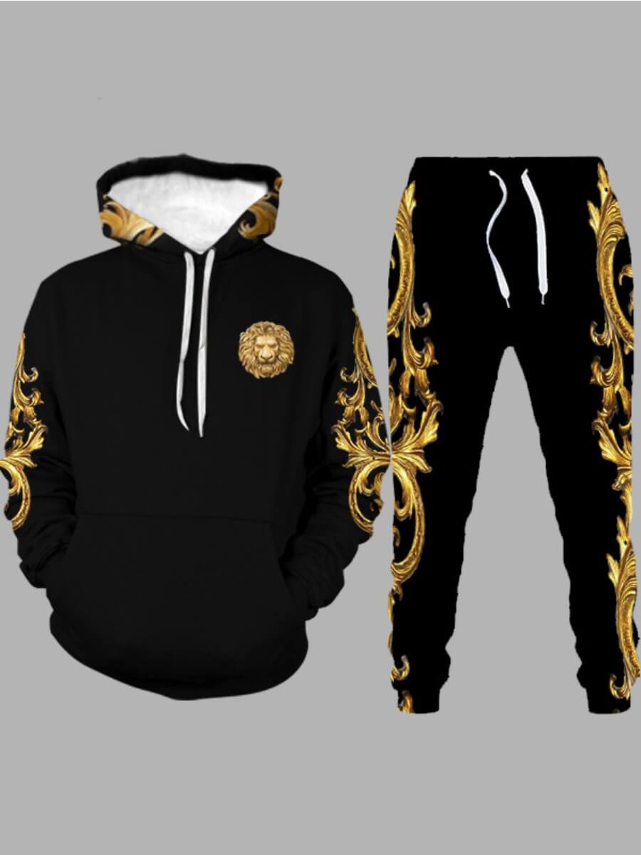 Bosses And Dimes Black & Gold Hooded Lion Printed Two-Piece Sweatsuit - Bosses and Dimes