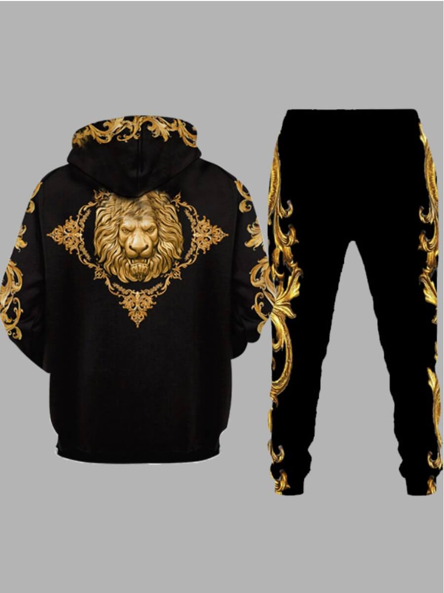 Bosses And Dimes Black & Gold Hooded Lion Printed Two-Piece Sweatsuit - Bosses and Dimes
